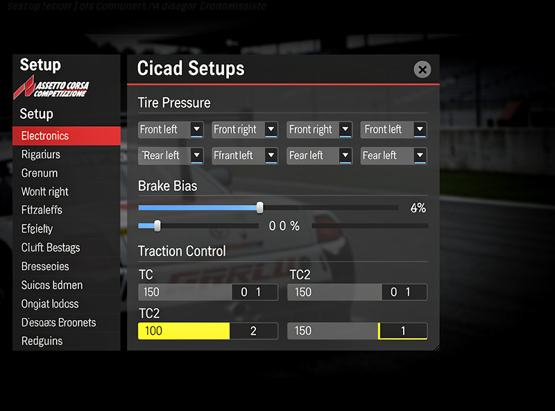 ACC car setup menu with tire and brake settings