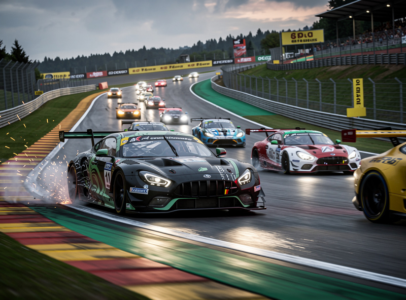 ACC GT3 cars racing through Eau Rouge at Spa Francorchamps