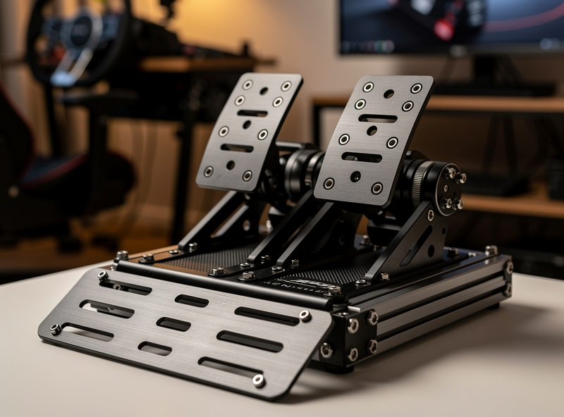 Sim racing pedal set mounted on aluminum profile cockpit with adjustable angle