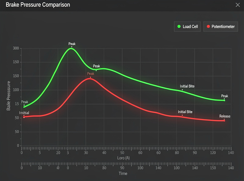 Telemetry comparison of brake pressure traces between load cell and potentiometer pedals