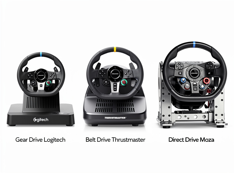Comparison of gear drive, belt drive, and direct drive sim racing wheels side by side