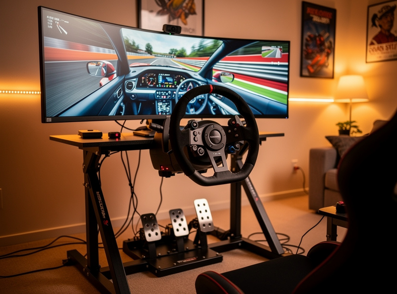 Sim racing cockpit with direct drive wheel mounted on load cell pedals and ultrawide monitor