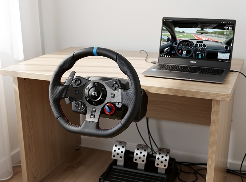 Logitech G29 racing wheel on desk with laptop showing Assetto Corsa