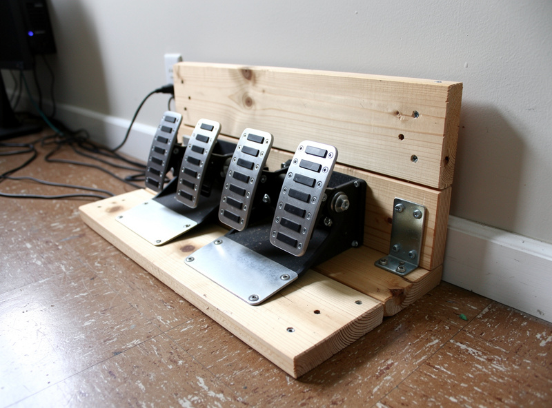 DIY wooden pedal board braced against wall with racing pedals mounted