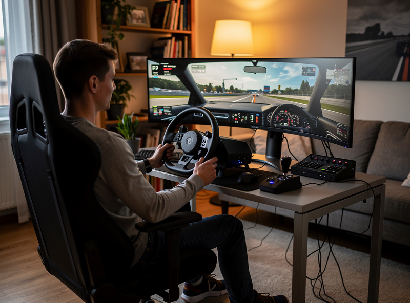 Sim racer at desk setup with quiet belt drive wheel in apartment