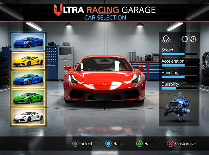 Racing game car selection garage interface
