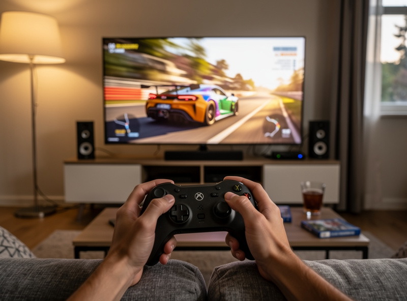 Controller gaming with racing game on TV