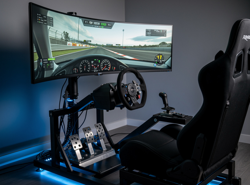 Sim racing cockpit with iRacing on ultrawide monitor