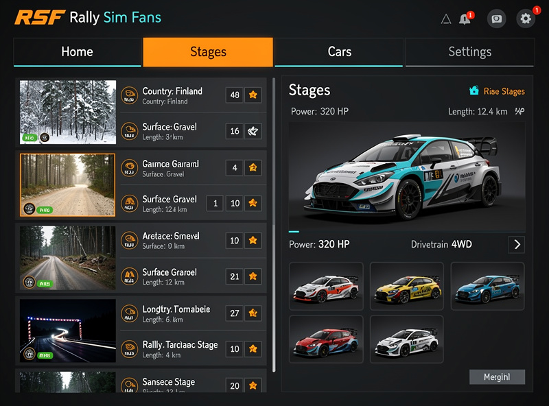 RSF Rally Sim Fans mod stage selection interface