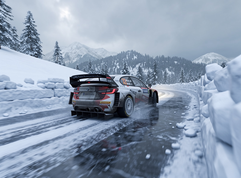 Rally car on snowy mountain winter stage
