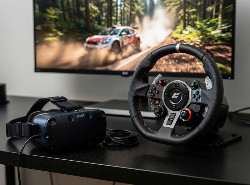 VR headset next to rally steering wheel