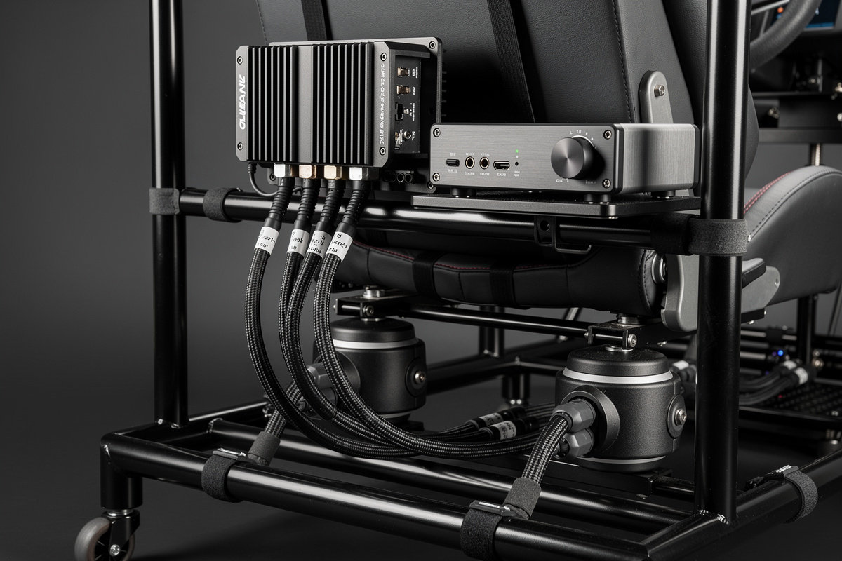 Audio amplifier rack with class-D plate amp and headphone DAC mounted to sim racing cockpit