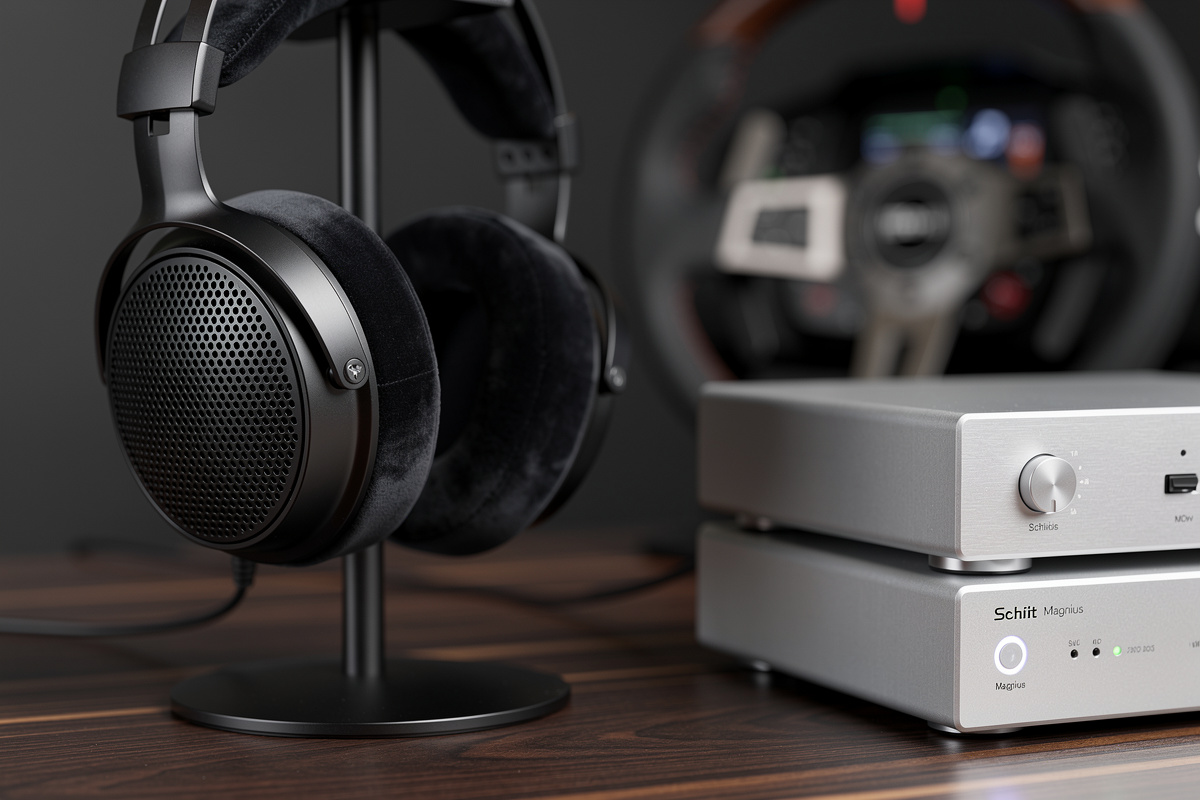 Open-back planar magnetic headphones with Schiit Magnius DAC and amp