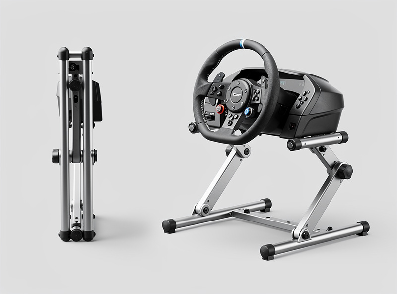 Folding sim racing wheel stand shown flat and unfolded with wheel mounted