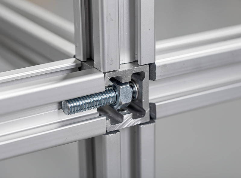 Close-up of 80/20 aluminum profile T-slot connection with bolt and T-nut