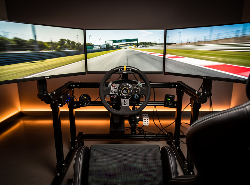 Modern sim racing cockpit with triple monitors and direct drive wheel