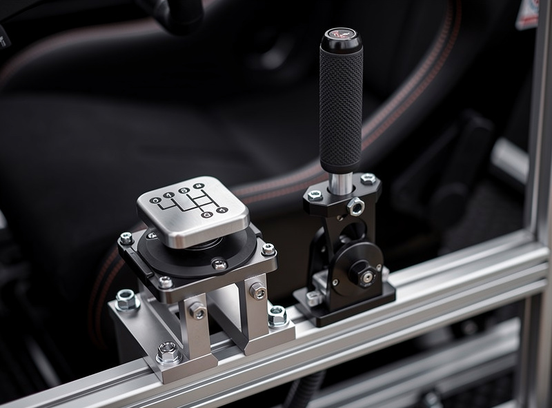 Sim racing handbrake and H-pattern shifter mounted on cockpit