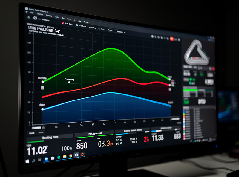Sim racing telemetry analysis showing throttle trace, brake pressure, and speed data on screen