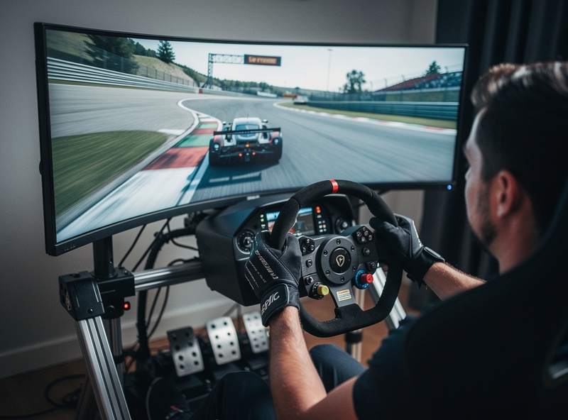 Sim racing driver gripping force feedback wheel during a tight corner turn