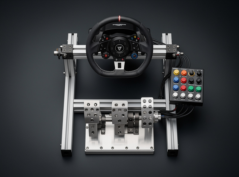Sim racing cockpit overhead view with direct drive wheelbase and load cell pedals