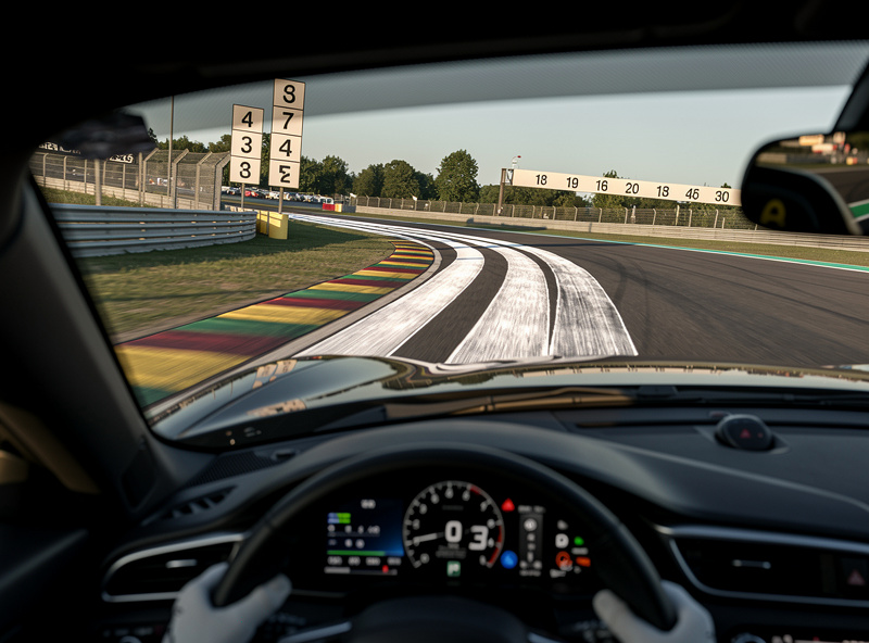 Sim racing car taking late apex showing ideal racing line