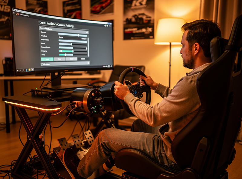 Sim racer adjusting force feedback settings on direct drive wheelbase