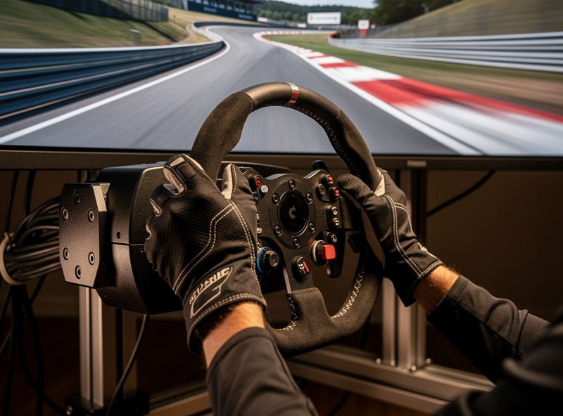 Close-up of direct drive sim racing wheel on aluminum profile rig