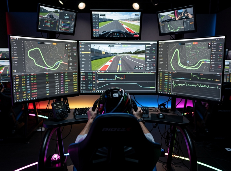 Sim racing esports competition with telemetry screens