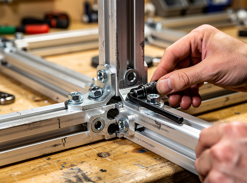 Hands building aluminum profile sim racing frame with Allen key bolts