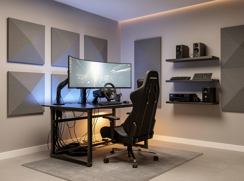 Well-organized sim racing room with bias lighting and cable management