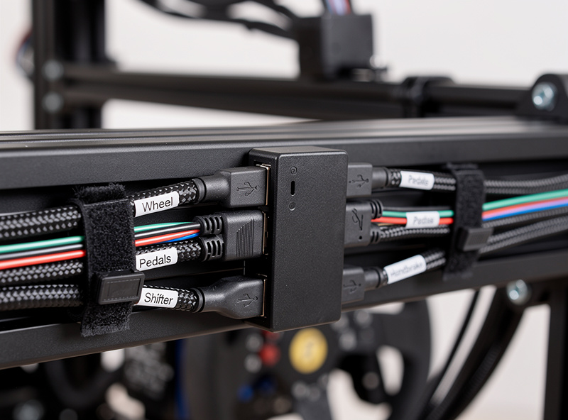 Cable management detail with USB hub and velcro ties on aluminum profile