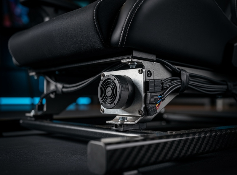Bass shaker transducer mounted under sim racing seat