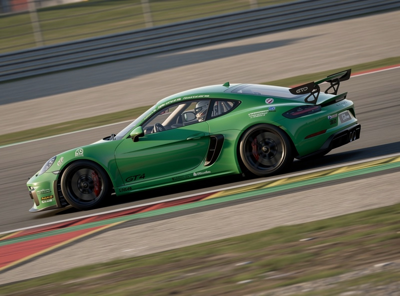 Porsche 718 Cayman GT4 on a circuit in ACC showing mid-engine sports car proportions