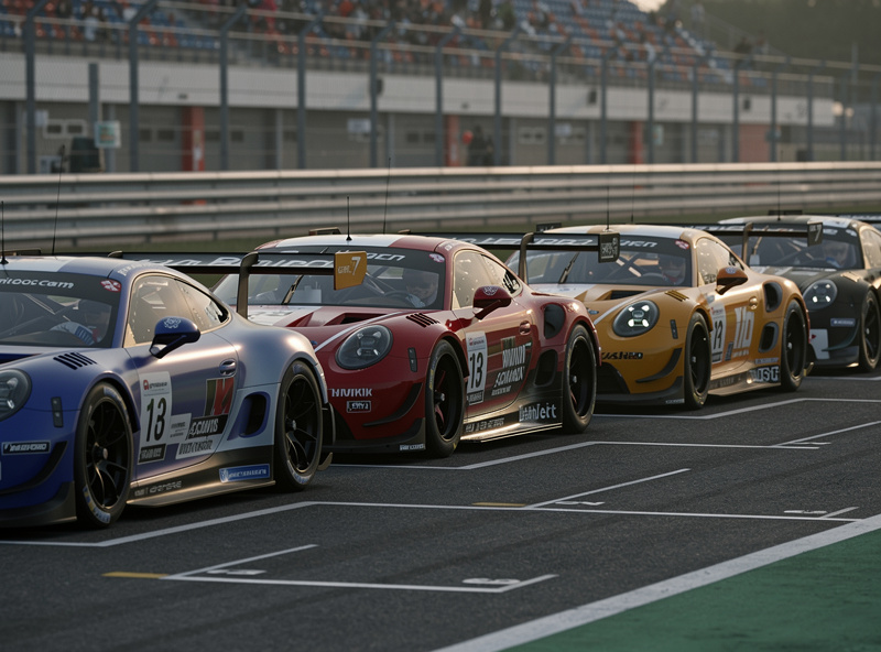 Multiple GT3 cars on the grid before an ACC race start showing manufacturer variety