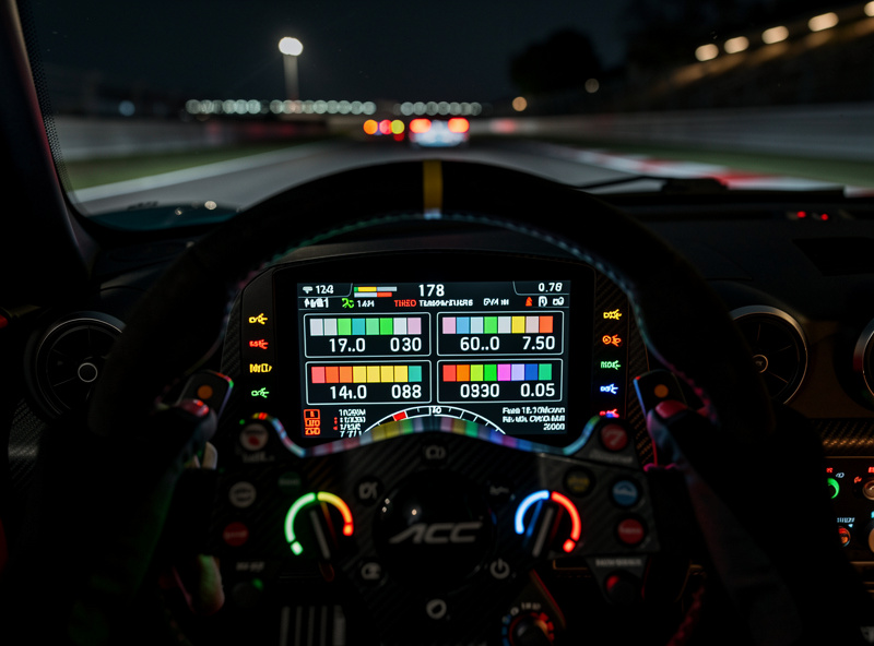 ACC cockpit view showing steering wheel display with tire data during a night race