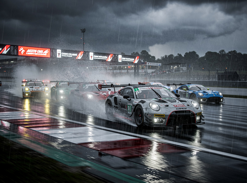 GT3 cars racing in heavy rain at Spa with spray and wet track surface in ACC