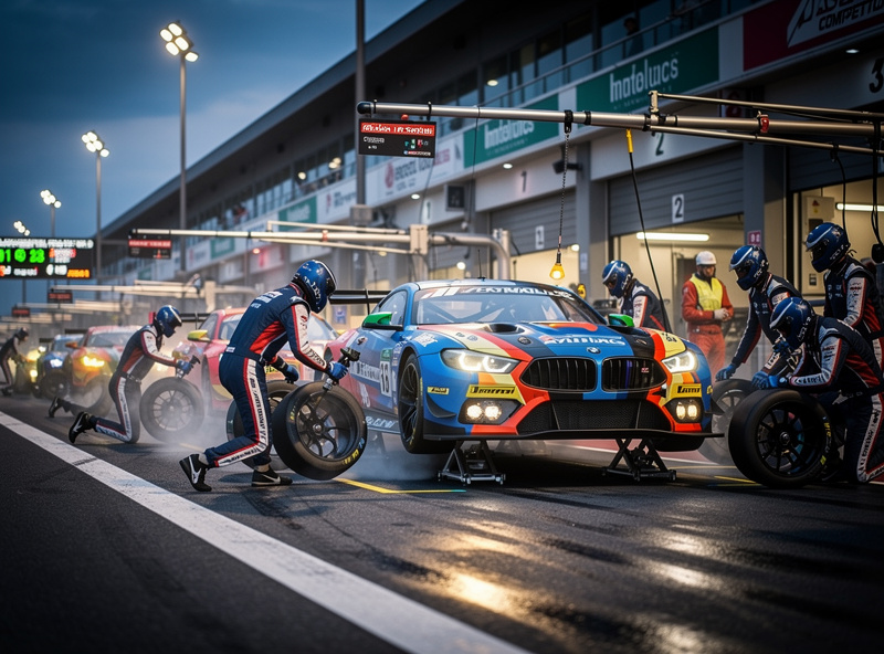 GT3 cars making pit stops during an ACC endurance race with pit crew working