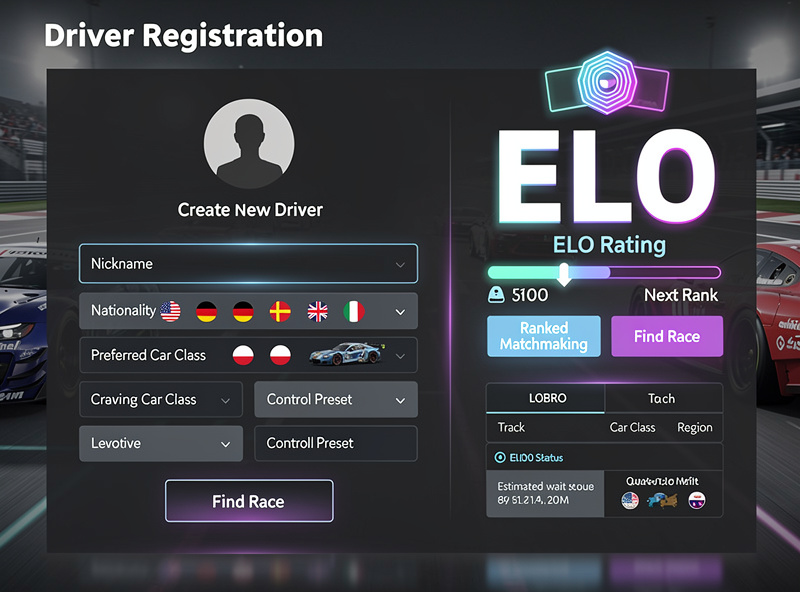 Sim racing ELO rating display showing driver statistics and matchmaking data