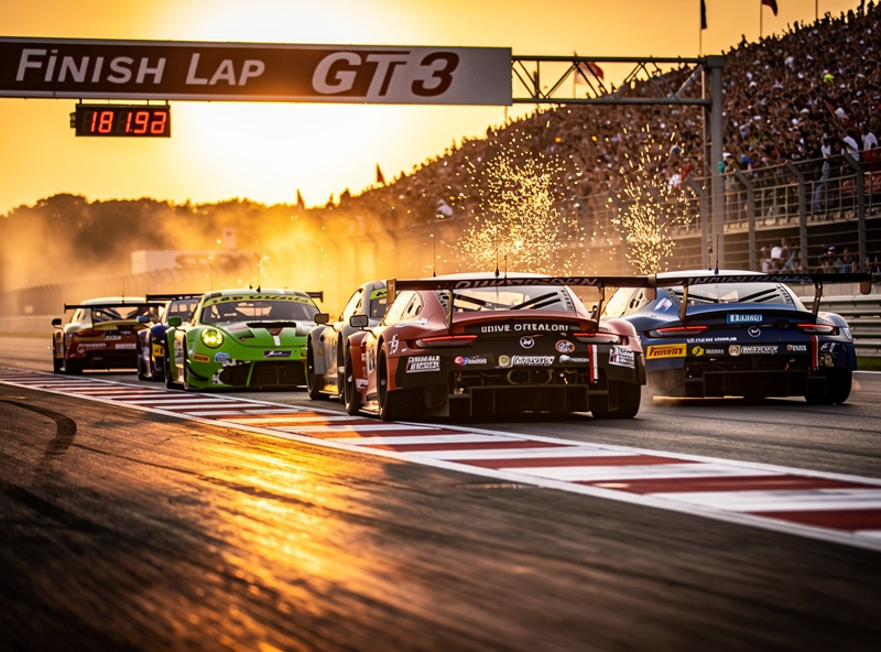 GT3 cars crossing the finish line in close formation during a competitive ACC race