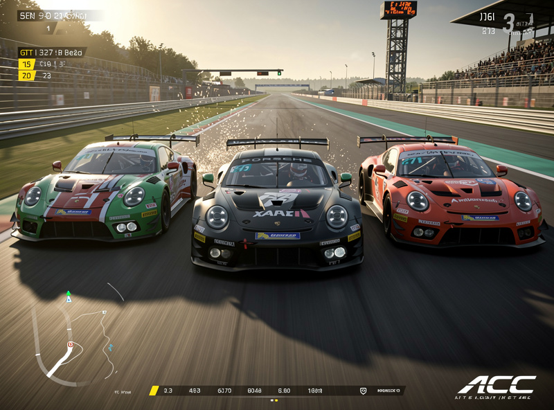 GT3 cars racing three wide on a straight in ACC multiplayer competition