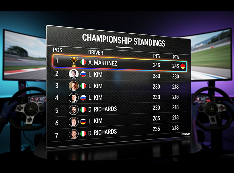 Championship standings leaderboard showing driver rankings and points in sim racing