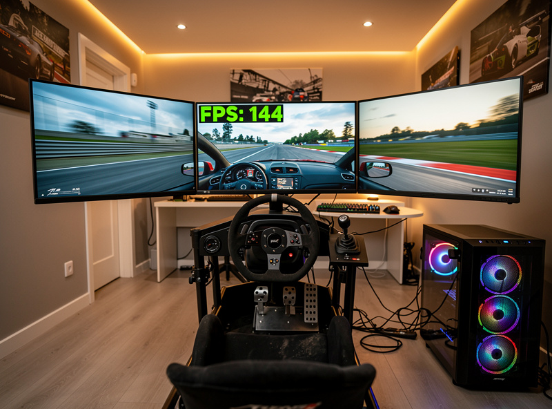 Triple monitor sim racing setup running at high frame rate