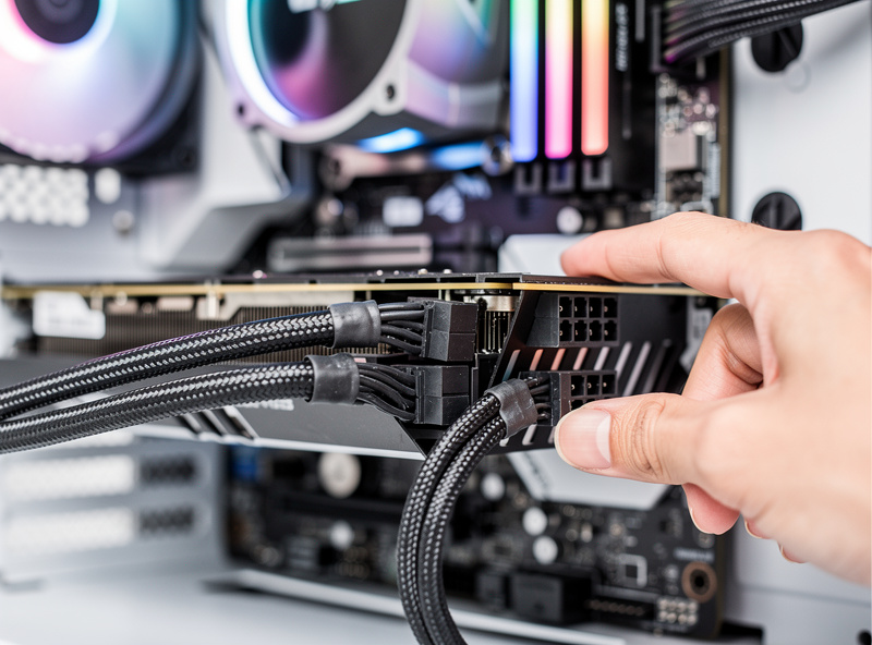 Power cables being connected to GPU inside PC case