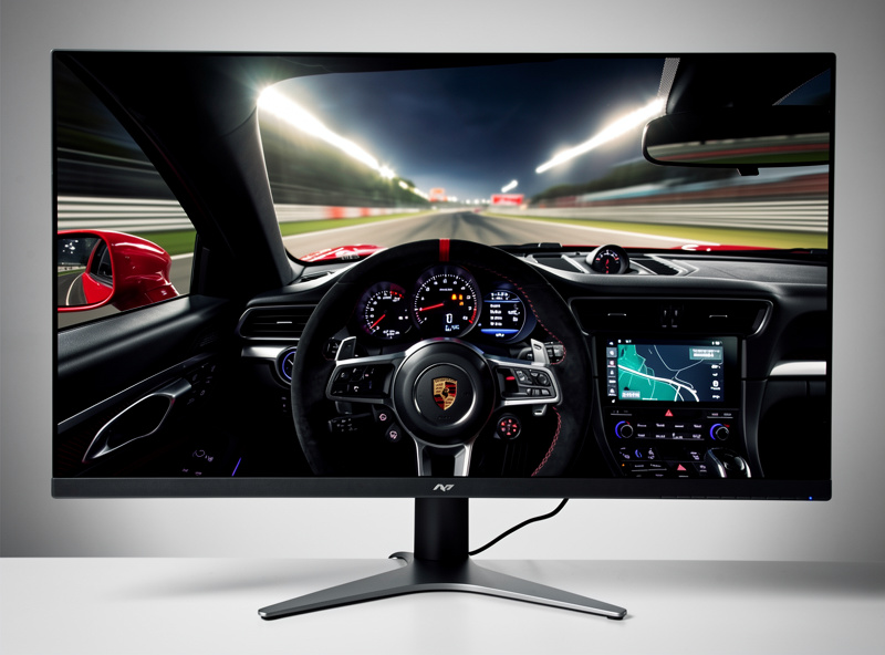Close-up of a 27-inch OLED monitor displaying racing game cockpit view with perfect blacks