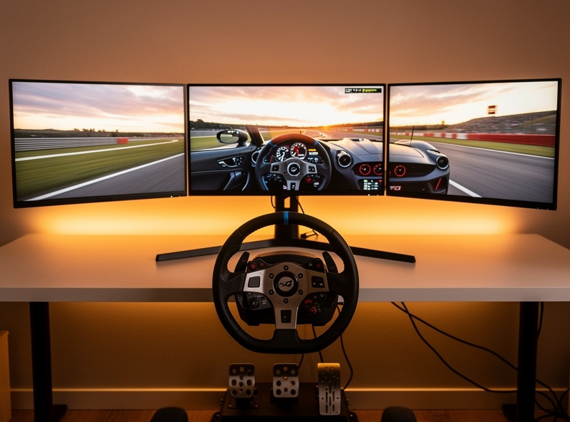 Triple 27-inch monitors mounted on a stand above a sim racing wheel