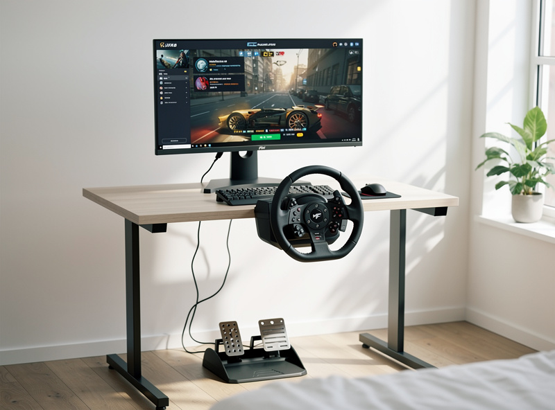 Budget gaming monitor on minimal desk setup with sim racing wheel