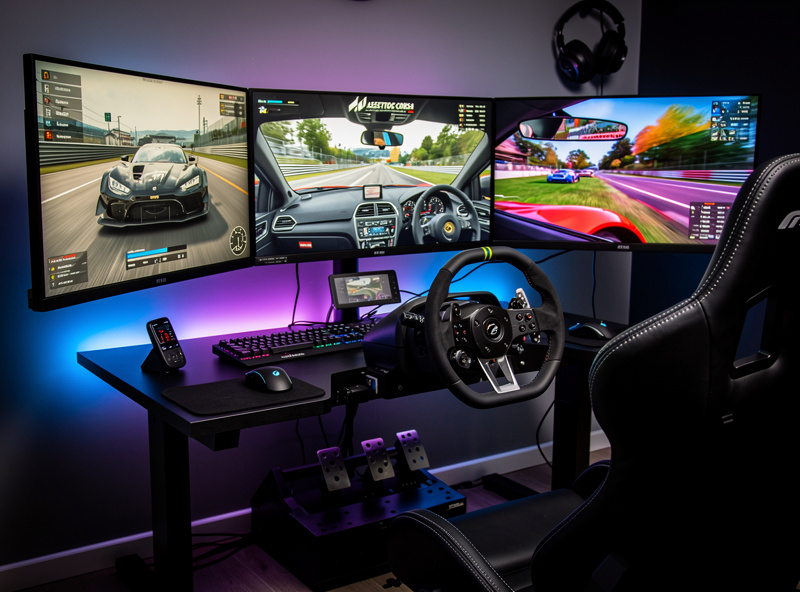Multiple car simulator screens showing iRacing, Assetto Corsa, and Gran Turismo gameplay