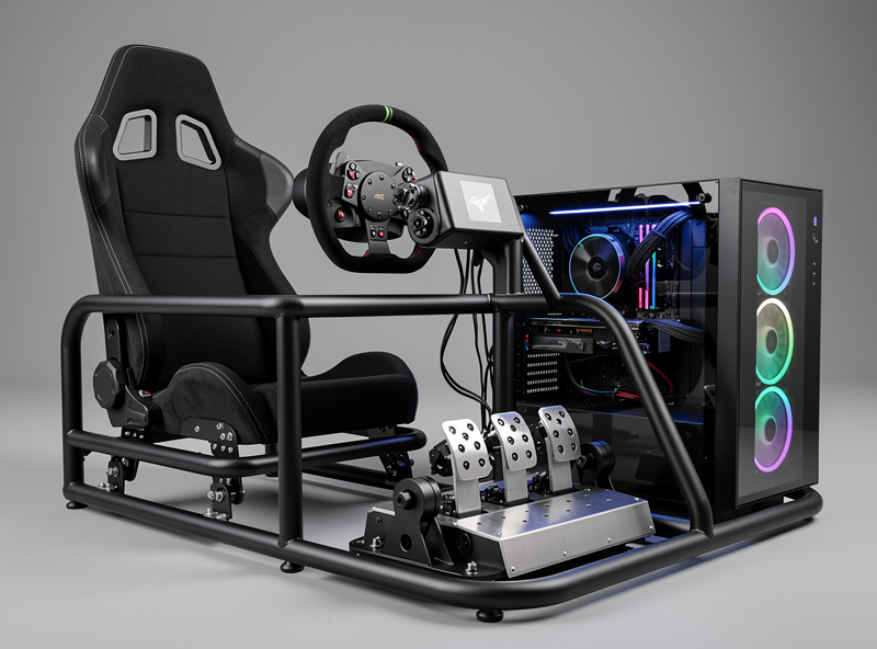 Sim racing cockpit with force feedback wheel and load cell pedals