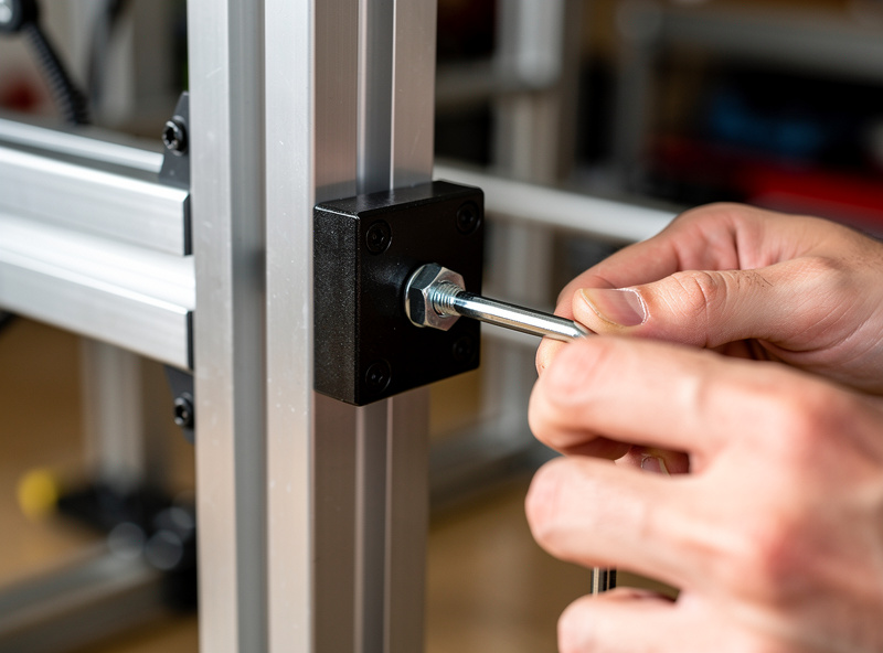 Hands tightening a hex bolt on aluminum extrusion T-slot bracket joint of a sim rig