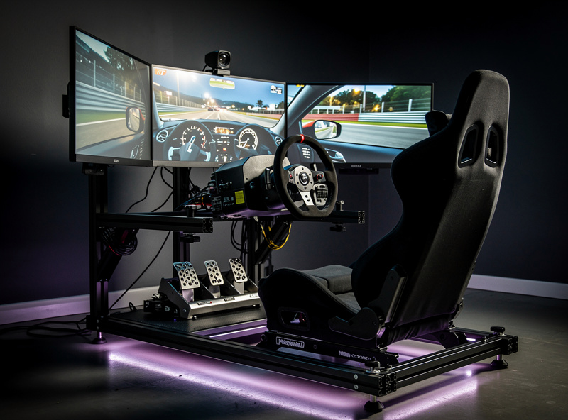 Finished aluminum profile sim rig with direct drive wheel, load cell pedals and triple monitors